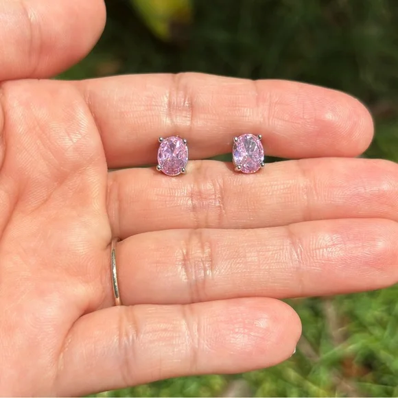 18K White Gold Plated Baby Pink Diamond Stud Earrings - Picture 4 of 6